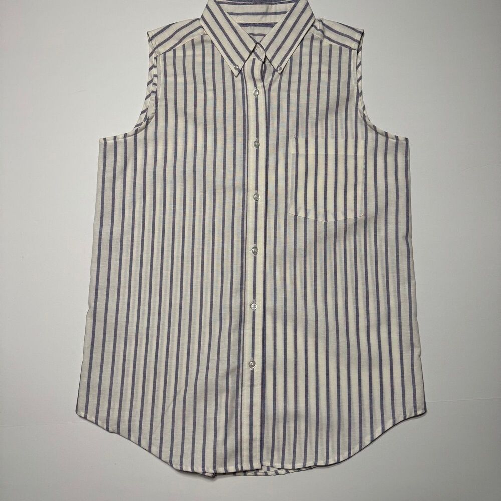 Vintage Sleeveless Striped Button Up Shirt Women's Blue White Casual Top